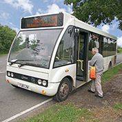 The St Neots C2 Thursday market day bus service departing East Hatley, Cambridgeshire 7th June 2018. The service runs from Hatley via Gamlingay and other villages to St Neots.