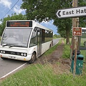 The St Neots C2 Thursday market day bus service departing East Hatley, Cambridgeshire 7th June 2018. The service runs from Hatley via Gamlingay and other villages to St Neots.