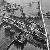 Aerial view of East Hatley - late 1970s and described as 'a decayed village'.
