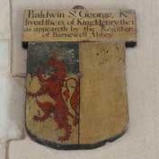 The 17th century Baldwin St George shield in Hatley St George church, Hatley St George, Cambridgeshire / 13th September 2018. It is one of 28 wooden shields in the church, 15 painted with the armorial bearings of the St. George family and 13 the Cotton family.