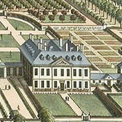 The 1707 engraving of Hatley Park from Kip's Britannia Illustrara. Hatley Park is in Hatley St George, Cambridgeshire.