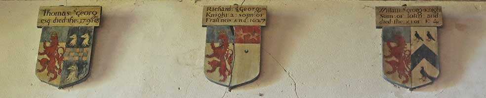 Three shields of the St George family in Hatley St George church, Cambridgeshire. In all there are 28 shields in the church – 20 of the St George family and eight of the Cotton family.