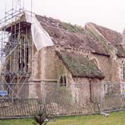 St Denis' church East Hatley, Cambridgeshire – in February 2003 after all the ivy had been removed and showing what a terrible state it was in.