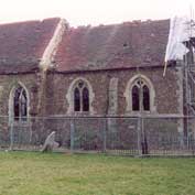 St Denis' church East Hatley, Cambridgeshire – in February 2003 after all the ivy had been removed and showing what a terrible state it was in.