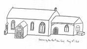 Revd William Cole's sketch of St Denis' church, East Hatley. It is dated 18th August 1748 – William Butterfield rebuilt (rather than added) the porch and chancel but would appear to have added the bellcote on the west end – and moved the Downing plaque from outside to inside the porch.