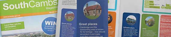 South Cambs magazine, winter 2019 – panel on great places featuring a photo of St Denis' church, East Hatley, Cambridgeshire.