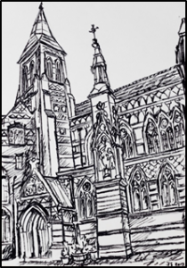 All Saints', Margaret Street, London – a sketch of the front of the church designed by William Butterfield and built in the 1850s.