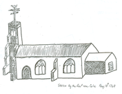 Revd William Cole's sketch of Hatley St George church, dated 18th August 1748 – it includes the chancel, which was demolished in 1966. Taken from the cover of Cambridgeshire Family History Society's 'Monumental inscriptions' of the church (1709 to 1982), published in 1987.