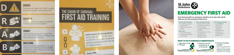 [1] DR ABC – reminder of the key things to do if you find someone unconscious. [2] Cardiopulmonary resuscitation (CPR) could help to save the life of someone who has collapsed. [3] CPR is a very useful procedure before using a defibrillator. [4] Emergency first aid poster.