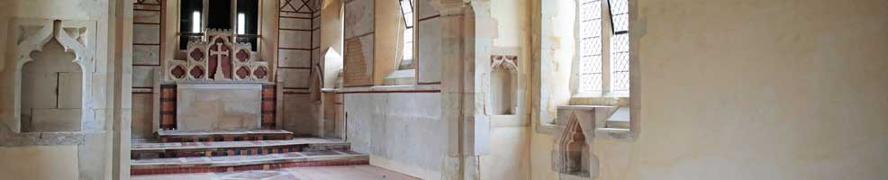 The south wall in the nave and chancel of St Denis' church, East Hatley. In 2022 the walls in the nave were replastered and (at the far end) the reredos restored. St Denis' is now every day from 8.30 am to dusk. Photo: Peter Mann / Buzz Associates.