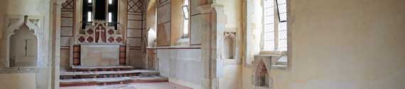 The south wall in the nave and chancel of St Denis' church, East Hatley. In 2022 the walls in the nave were replastered and (at the far end) the reredos restored. St Denis' is now every day from 8.30 am to dusk. Photo: Peter Mann / Buzz Associates.