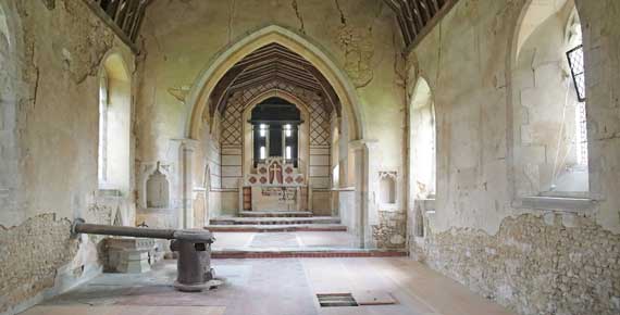 The south wall in the nave of St Denis' church, East Hatley in April 2021. In 2022 the walls in the nave were replastered. St Denis' is now every day from 8.30 am to dusk. Photo: Peter Mann / Buzz Associates.