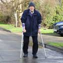 Mervyn co-founded the Hatley Pancake Race with Linda Hudson – here he is (with Midnight and two crutches) after supervising one of the races, 23rd February 2020. From memories of Hatley, by Mervyn Lack, July 2022. Photo: Peter Mann.