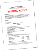 Agenda of Hatley Parish Council's annual parish meeting and annual general meeting, 20th May 2025 in Hatley village hall, commencing at 7.00 pm.