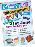 St Mary's, Gamlingay, Midsummer Fair – noon to 4.00 pm. 21 June 2025 in the grounds of St Mary's church, Church Street, Gamlingay, SG19 3JJ.  Free entry.  Activities include tea and cakes, bouncy castle, BBQ, raffle, craft stalls, tombola, games for kids and much more.