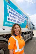 A bin lorry with SCDC operative Hayley Resztan's photograph on the side of the lorry with the caption 'It helps to flatten cardboard boxes and squash plastic bottles – you can fit more recycling in'.  Photo: SCDC.